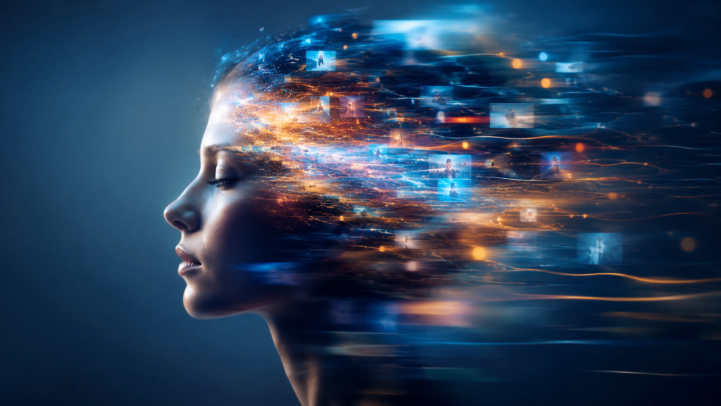 Ilustração conceitual do ser humano em aceleração mental na era digital, simbolizando sobrecarga neurológica
